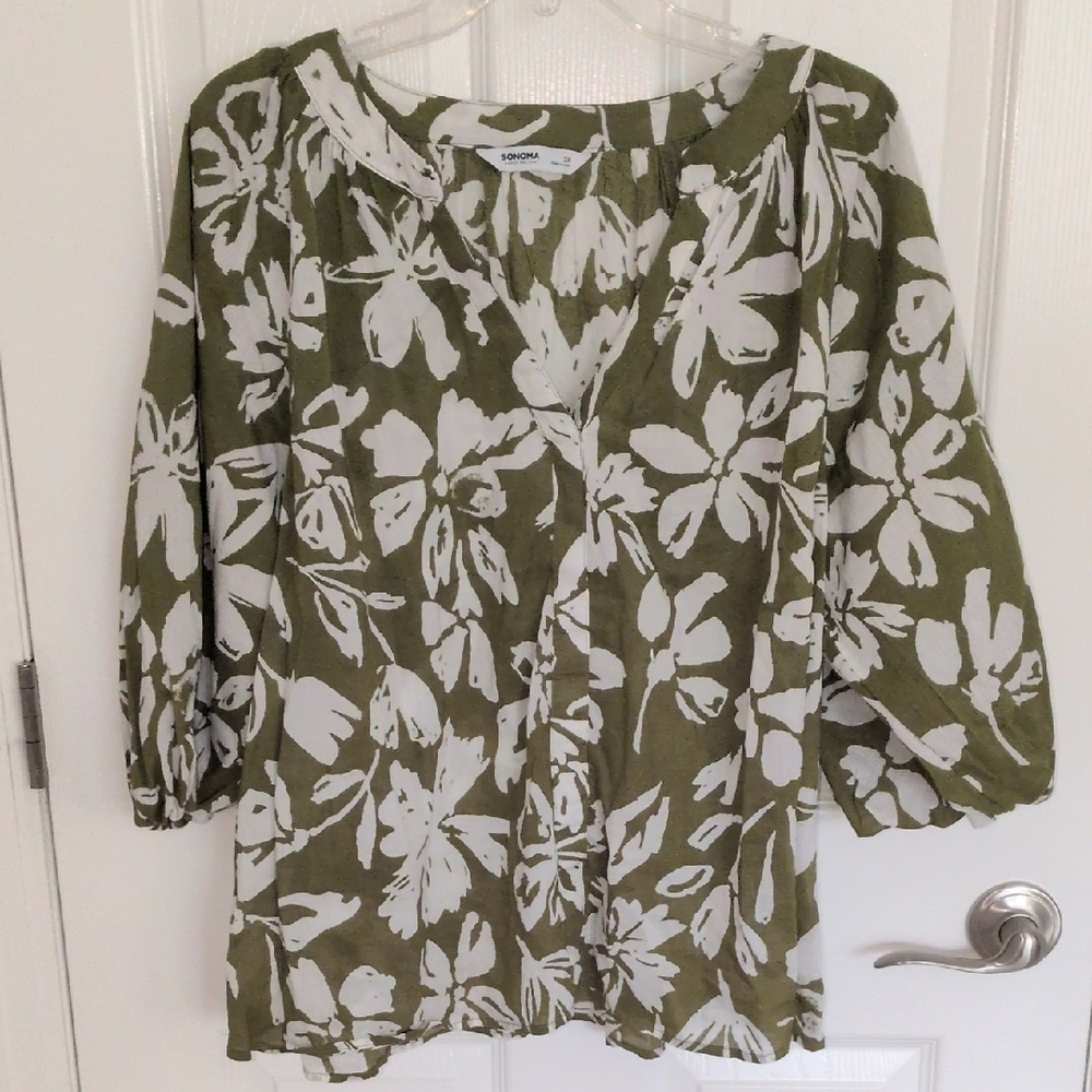 Sonoma Olive Green & White Floral 3/4 Sleeve Blouse - 2X